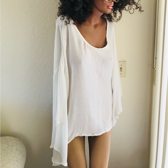 Fabulous Lightweight White Angel Sleeve Caftan Resort Cruise Blouse Size Large - Picture 8 of 10